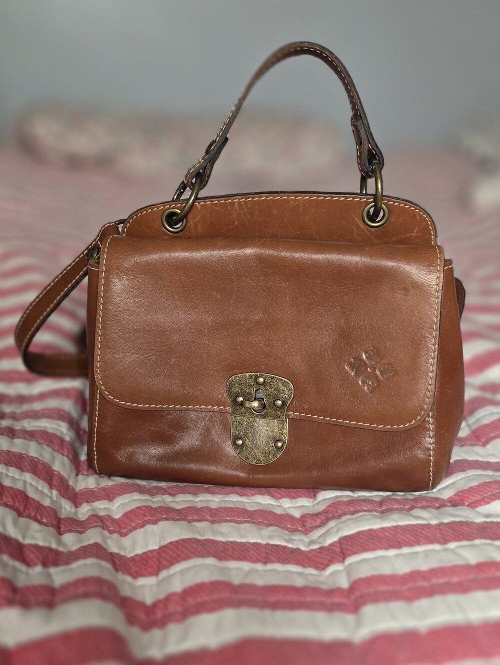 Patricia Nash Brown Leather Shoulder Bag with Antique Brass Hardware